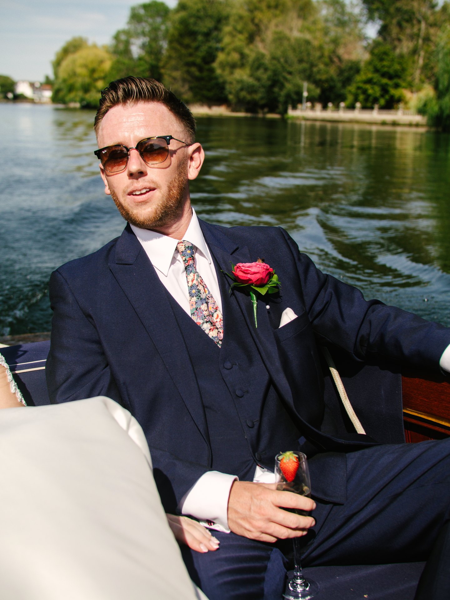 Piers wearing sunglasses during the boat trip on the Thames