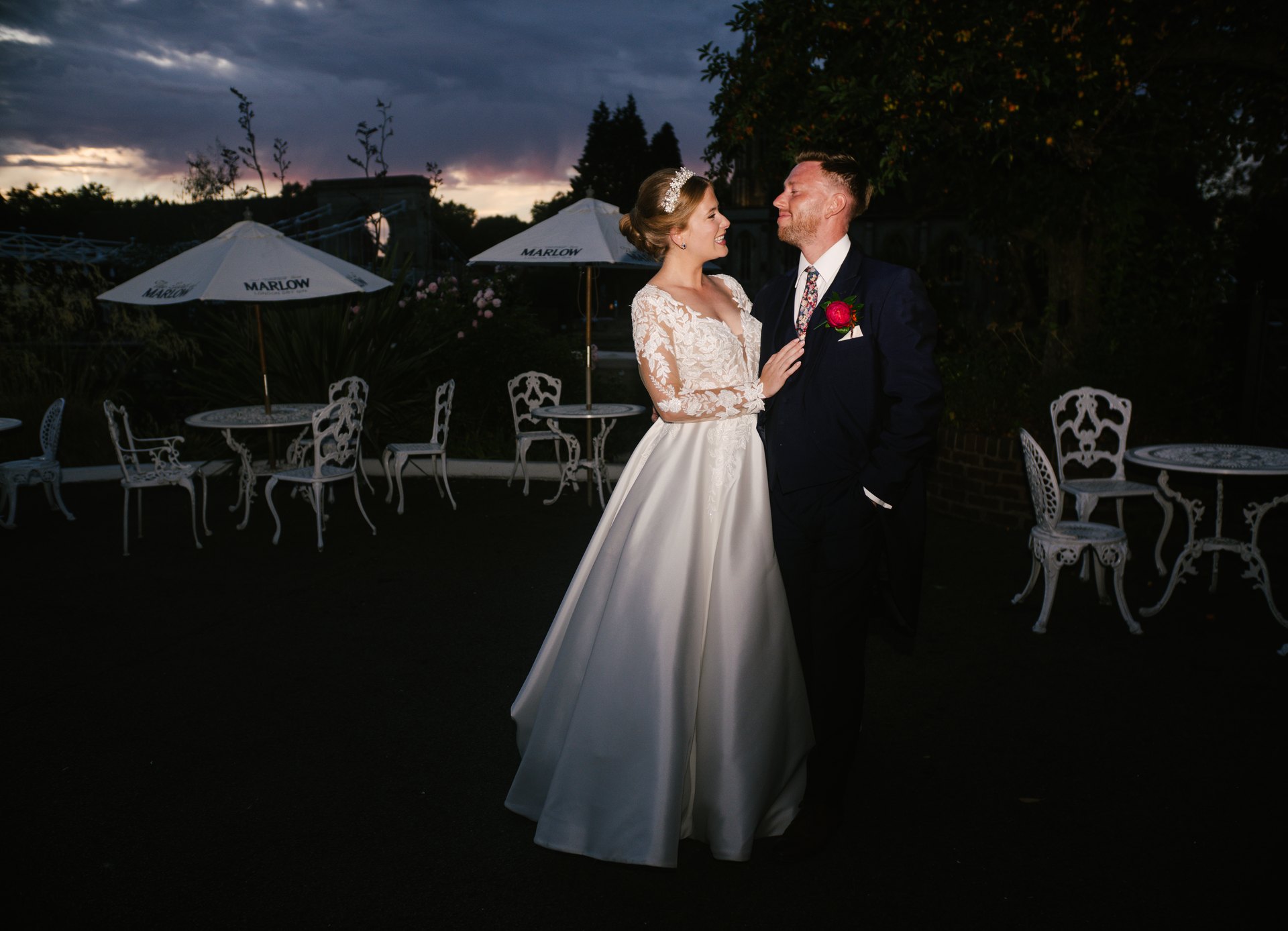 Lily and Piers together for an evening wedding portrait